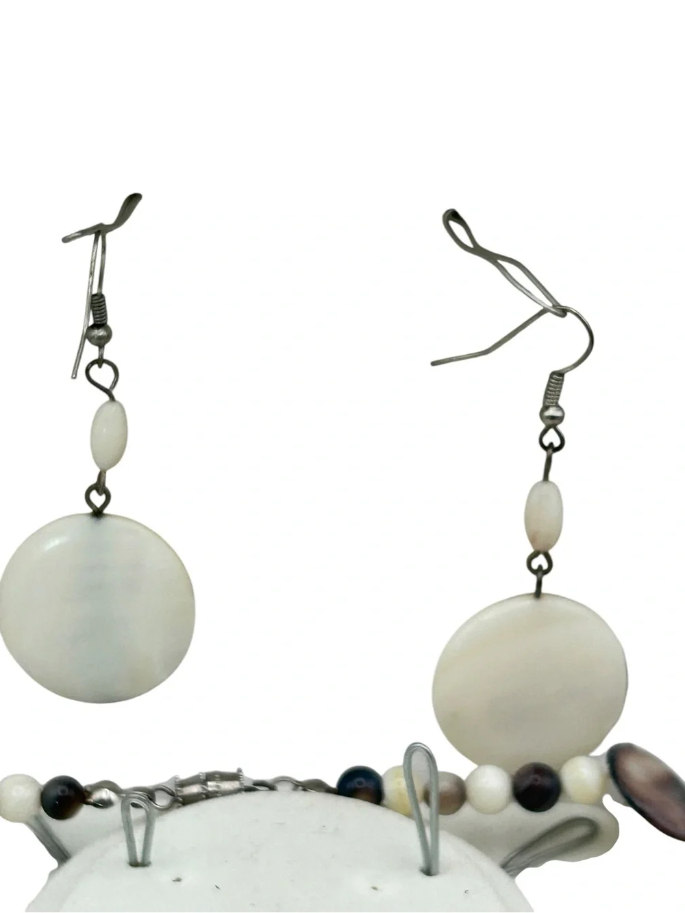 Mother of Pearl Shell Disc Statement Necklace, Pierced Earring Set White Brown